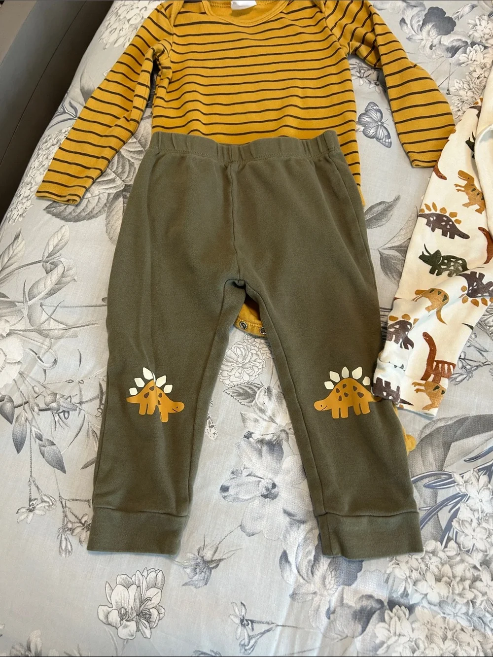 Carter's Mustard Stripe Top with Cream Dino Bodysuit and Olive Pants